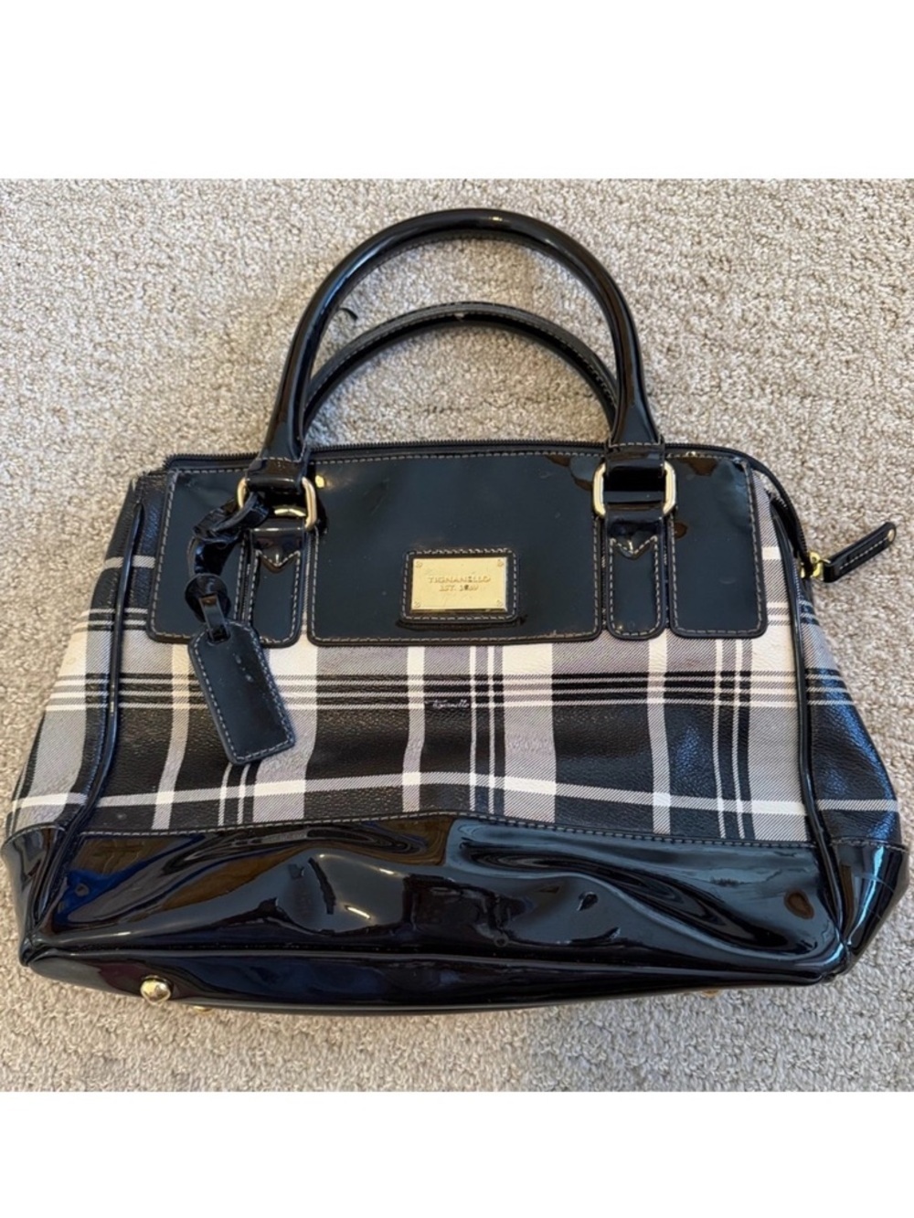 Tignanello Black Plaid Patent Leather Satchel Handbag Shoulder Social Status